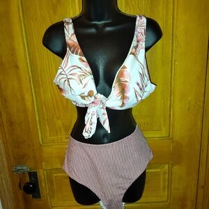 Floral and Striped Bikini Set